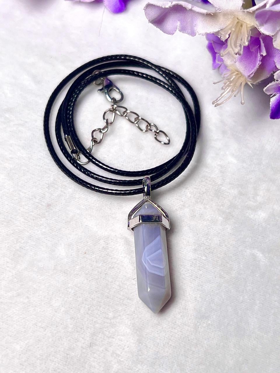 Blue Lace Agate Stone Double Point Pencil Pendant with Black Cord