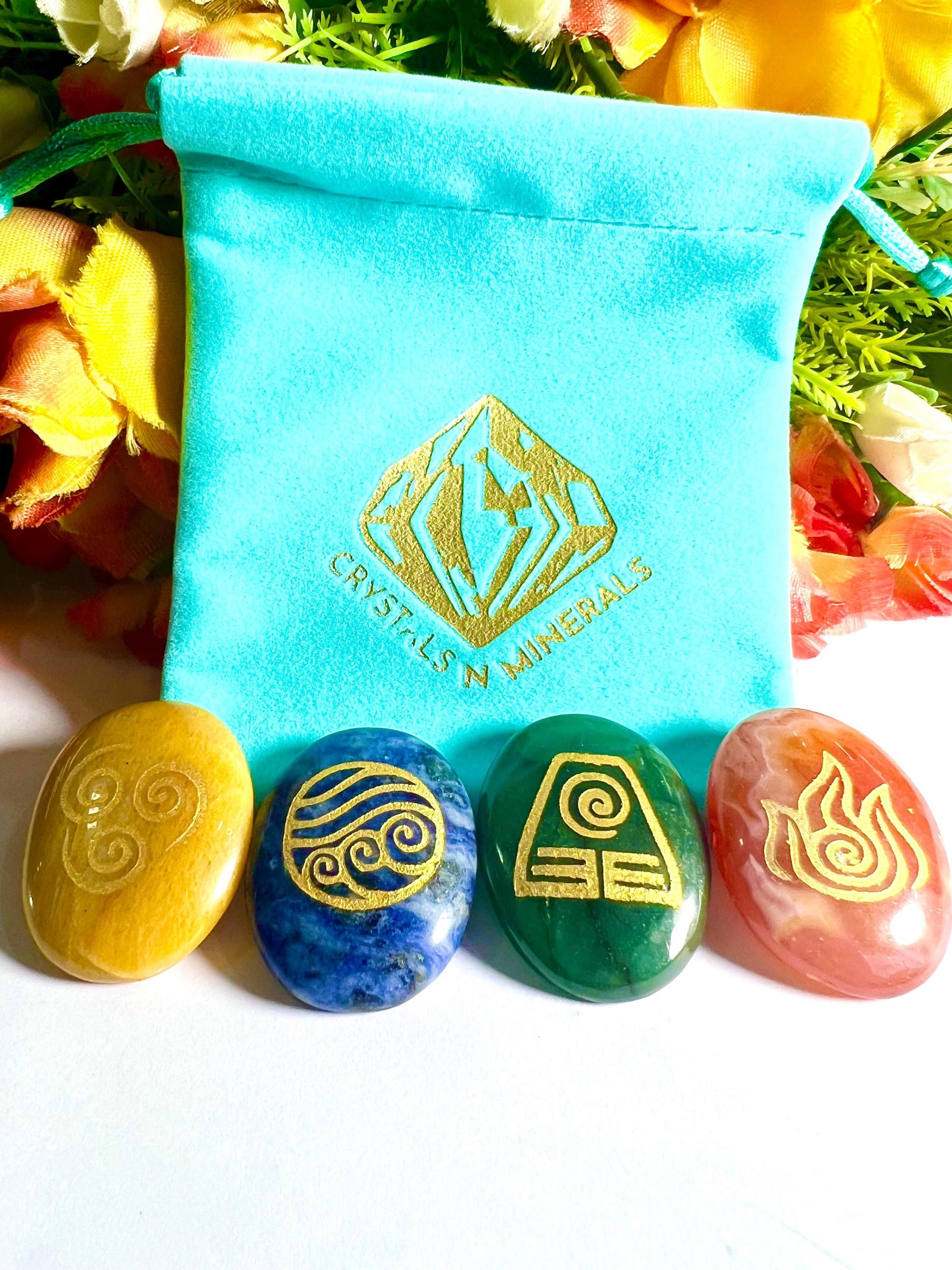 Mayan 4 Element Stone Set Sodalite, Carnelian, Yellow Jasper, Green Aventurine Stone Set With Gift Pouch