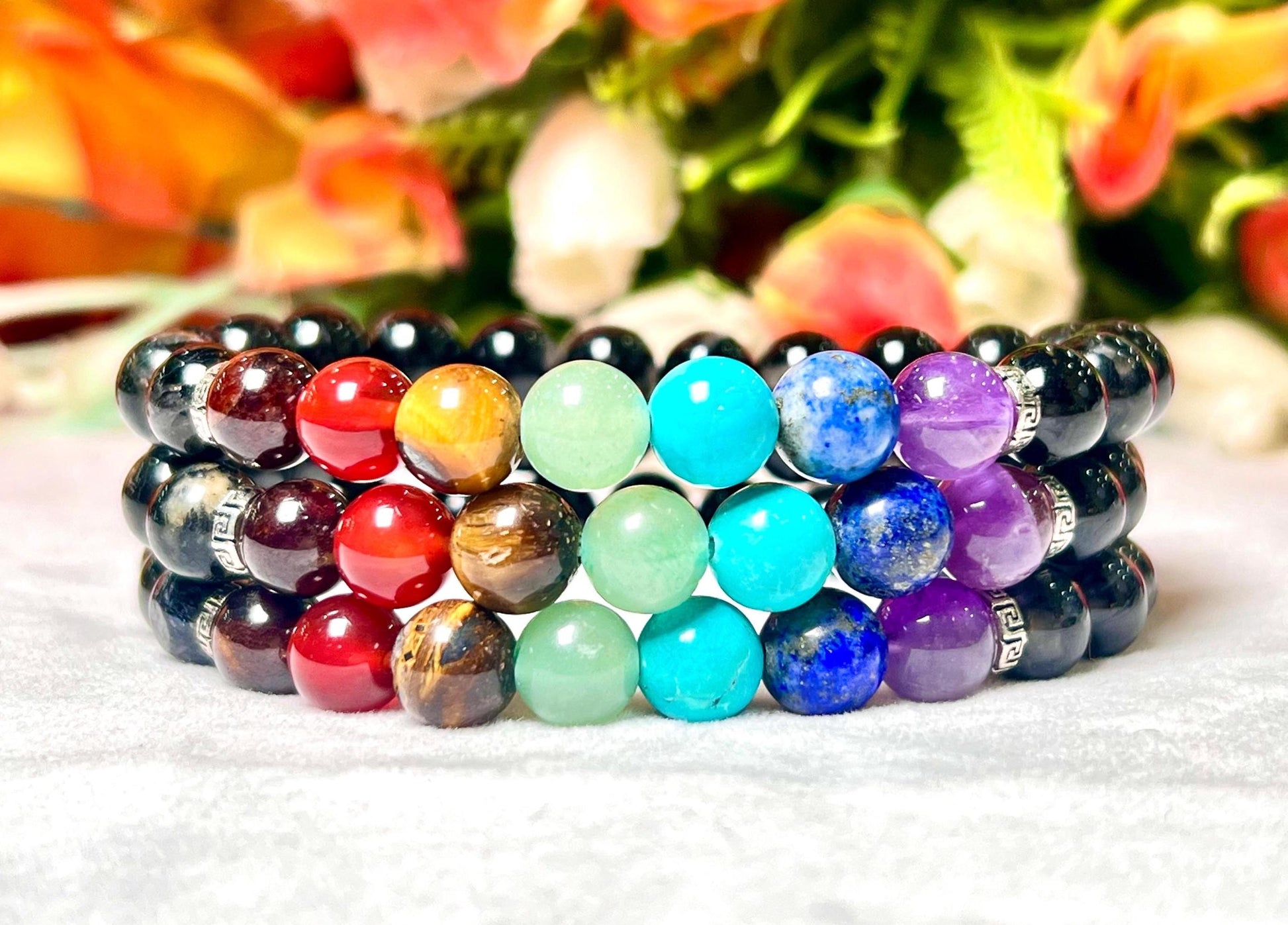 7 Chakra With Black Tourmaline Stone Bracelet l Stretchable Bracelet l Unisex Bracelet l 8 MM Bracelet