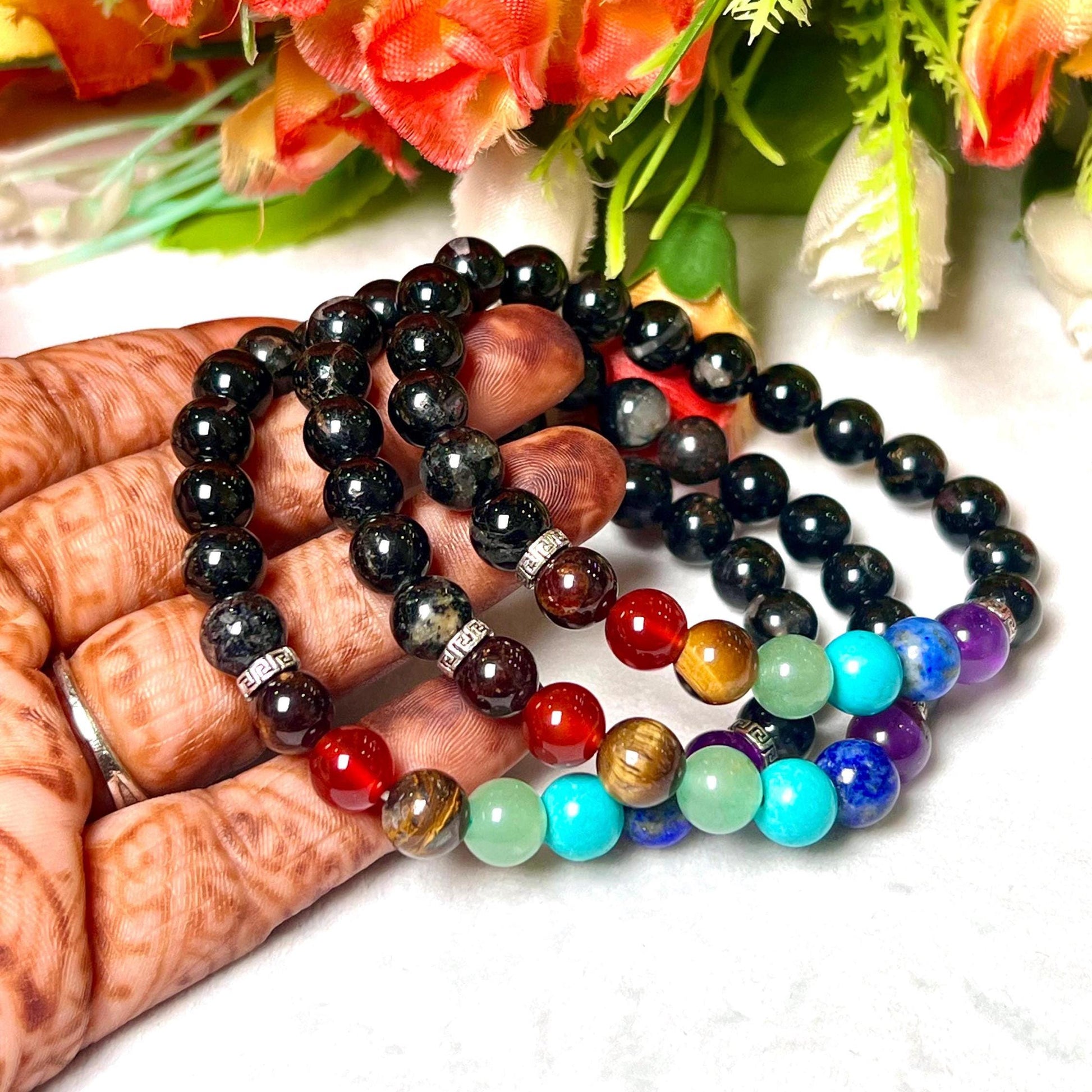 7 Chakra With Black Tourmaline Stone Bracelet l Stretchable Bracelet l Unisex Bracelet l 8 MM Bracelet