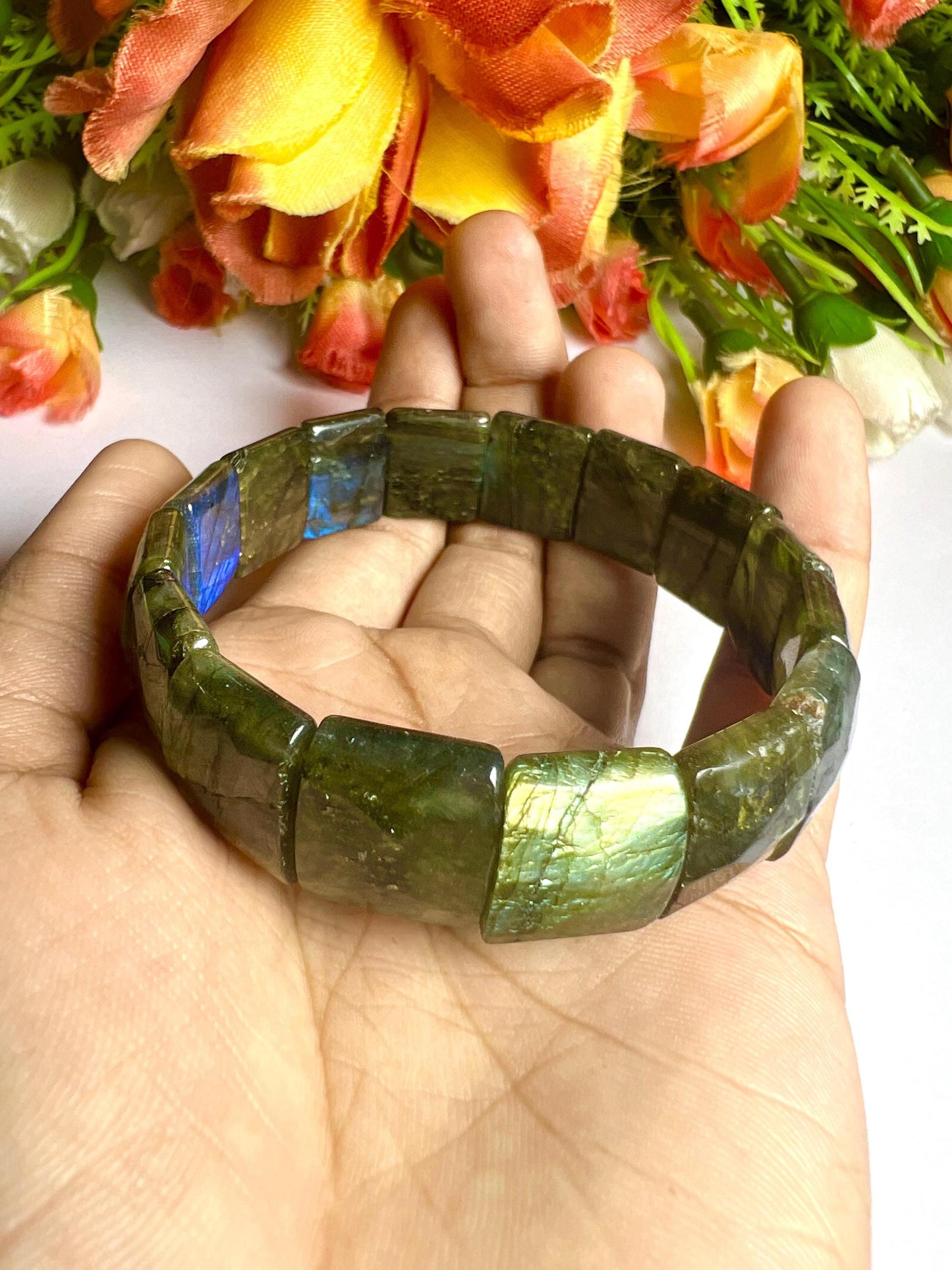 15 MM Rainbow Labradorite Stone Bracelet l Stretchable Bracelet