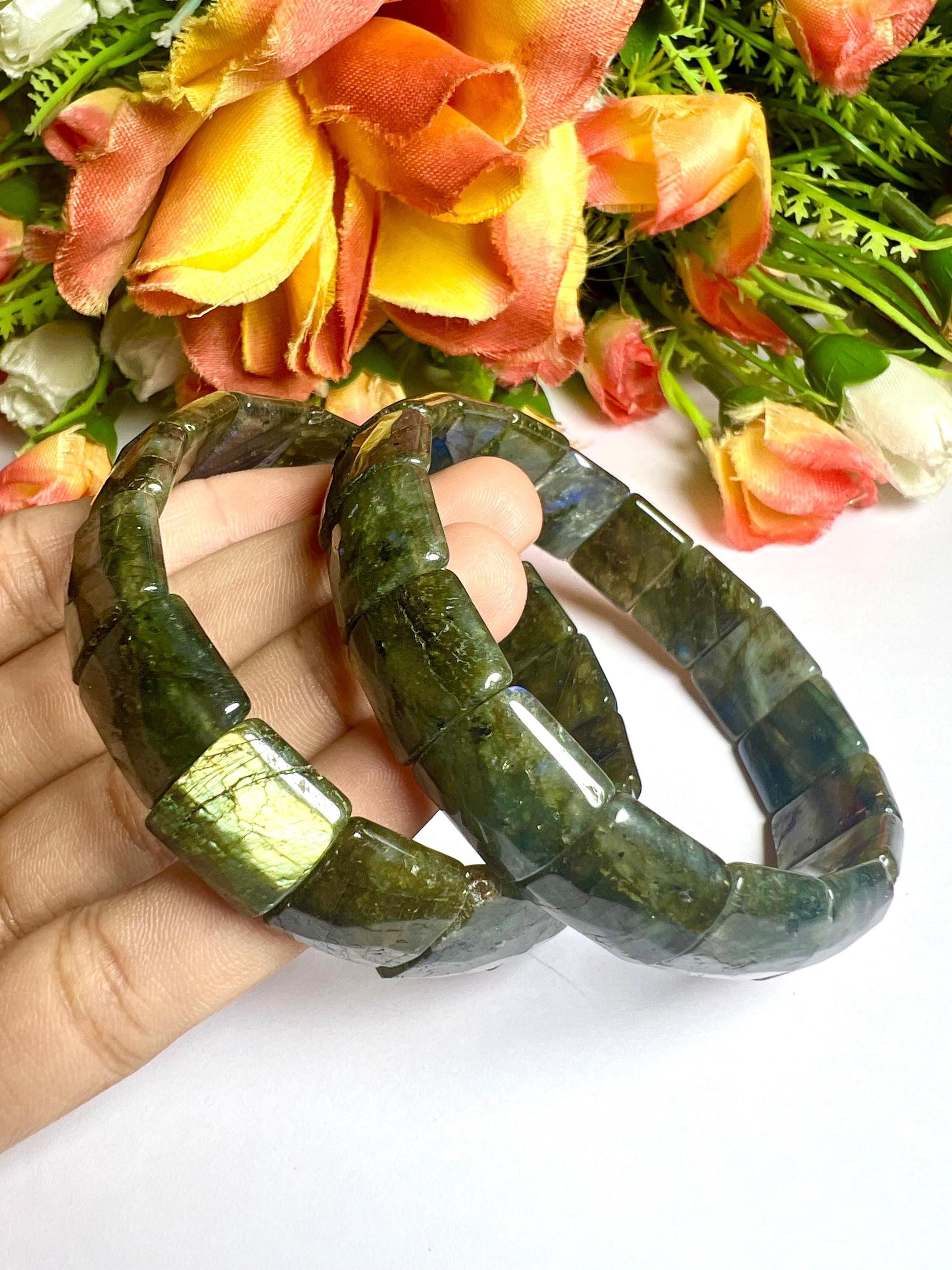 15 MM Rainbow Labradorite Stone Bracelet l Stretchable Bracelet