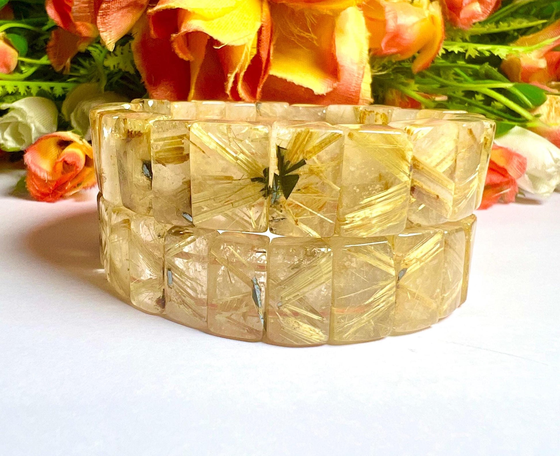 15 MM Star Golden Rutile Stone Bracelet l Stretchable Bracelet AAAAA +++++