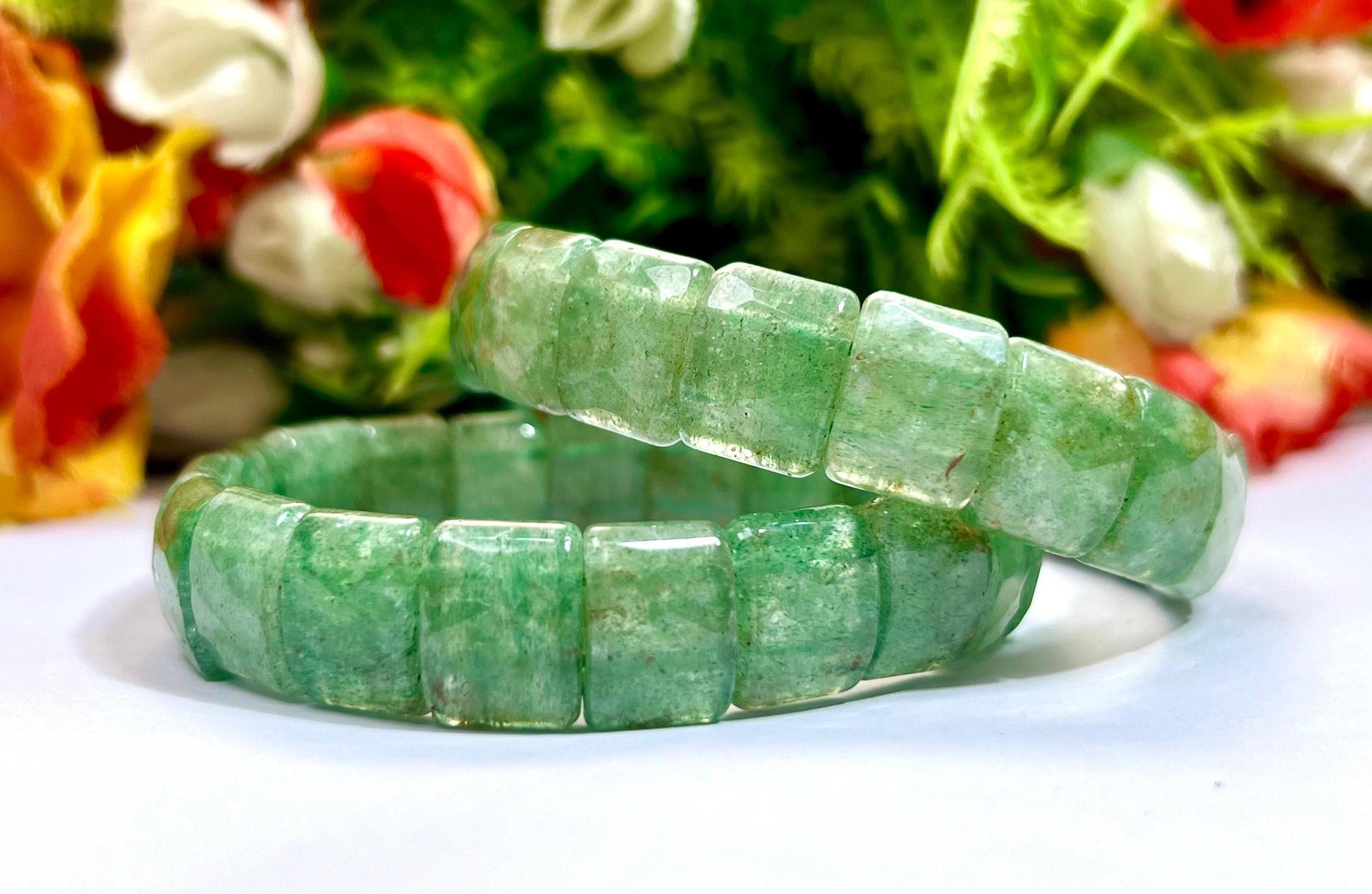 15 MM Green Strawberry Quartz Stone Bracelet l Stretchable Bracelet