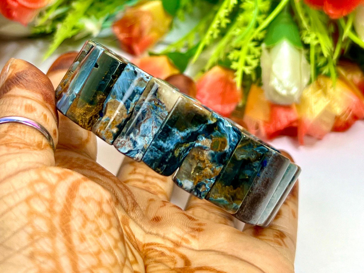 18 MM Blue Rainbow Pietersite Stone Bracelet l Stretchable Bracelet l Unisex Bracelet AAAAA