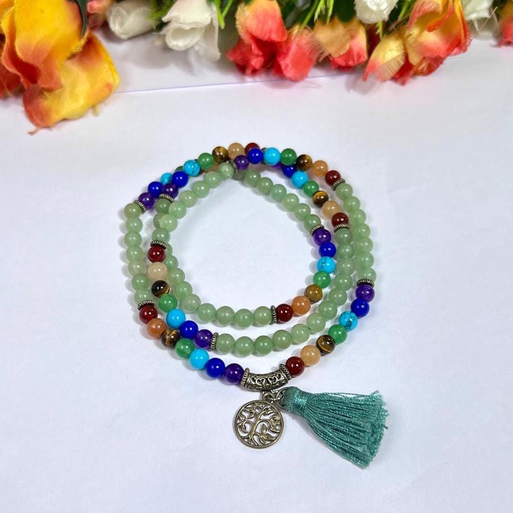 7 Seven Chakra Stone With Green Aventurine Stone 108 Beaded Bracelet - 108 Beads Japa Mala 6mm Tree of Life Pendant Necklace Gift for All