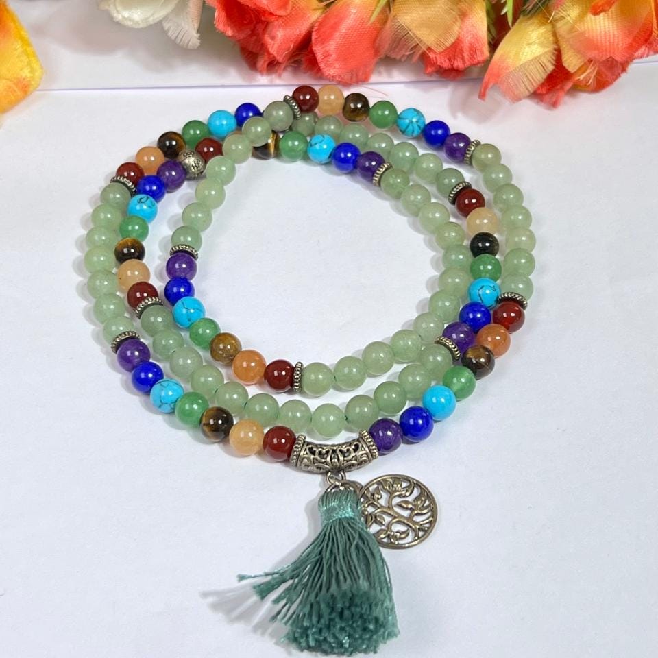 7 Seven Chakra Stone With Green Aventurine Stone 108 Beaded Bracelet - 108 Beads Japa Mala 6mm Tree of Life Pendant Necklace Gift for All