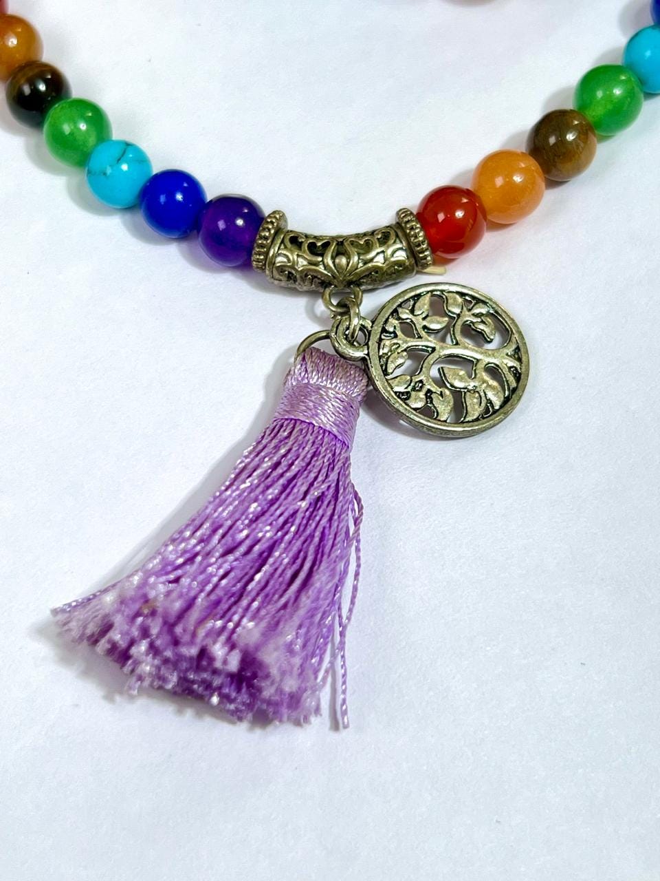 7 Seven Chakra Stone With Amethyst Stone 108 Beaded Bracelet - 108 Beads Japa Mala 6mm Tree of Life Pendant Necklace Gift for All