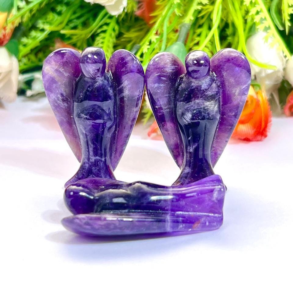 2" Amethyst Stone ANGEL (1) Piece Free standing guardian Angel crystal Reiki energy blessed hand carved Pocket Angel Angelic connection